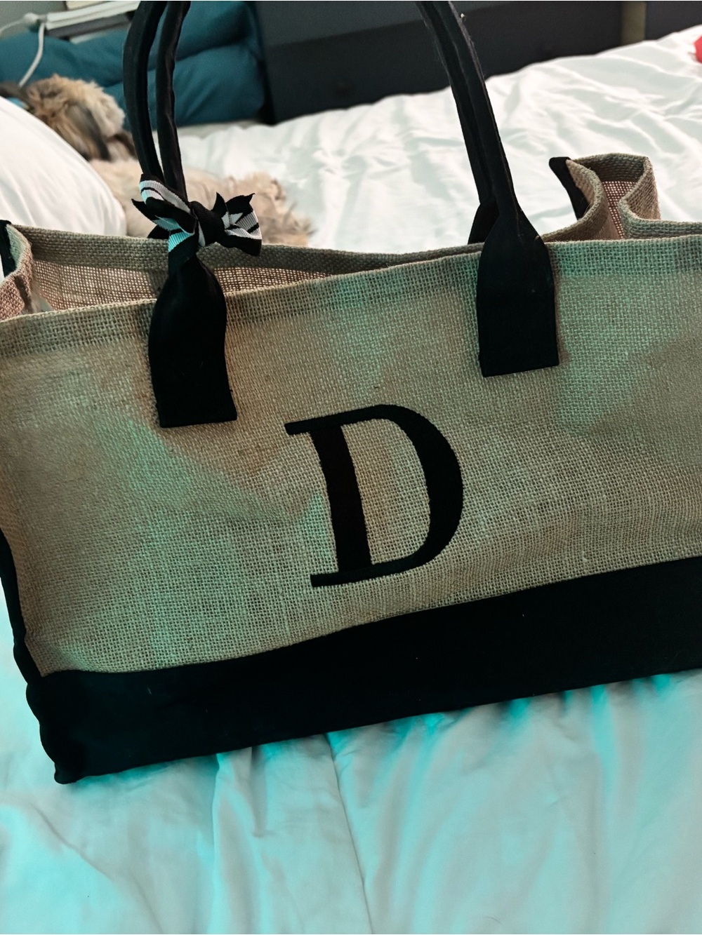 Personalized Natural Jute Shoulder Tote with Black Trim